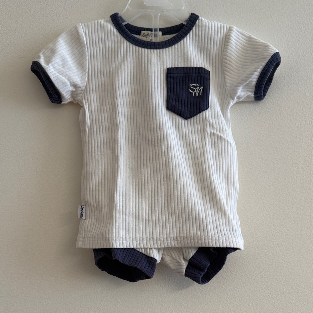 Kids White and Navy Ribbed Matching Set - Picture 5 of 7